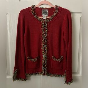 Curio Red knit Multicolor Fringe Cardigan M